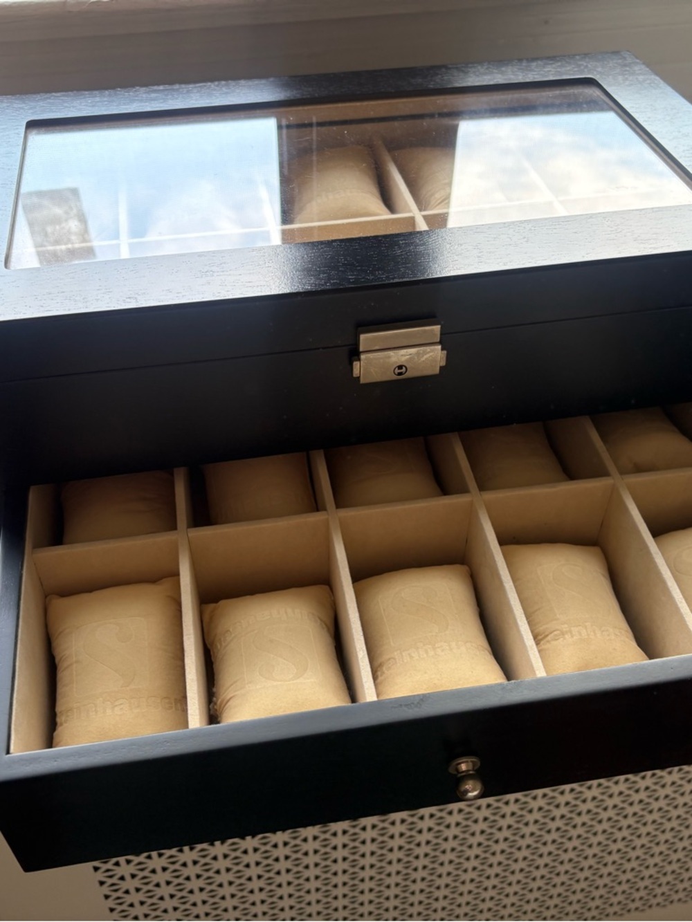 Watch Storage Box with Glass Top - Black and Tan